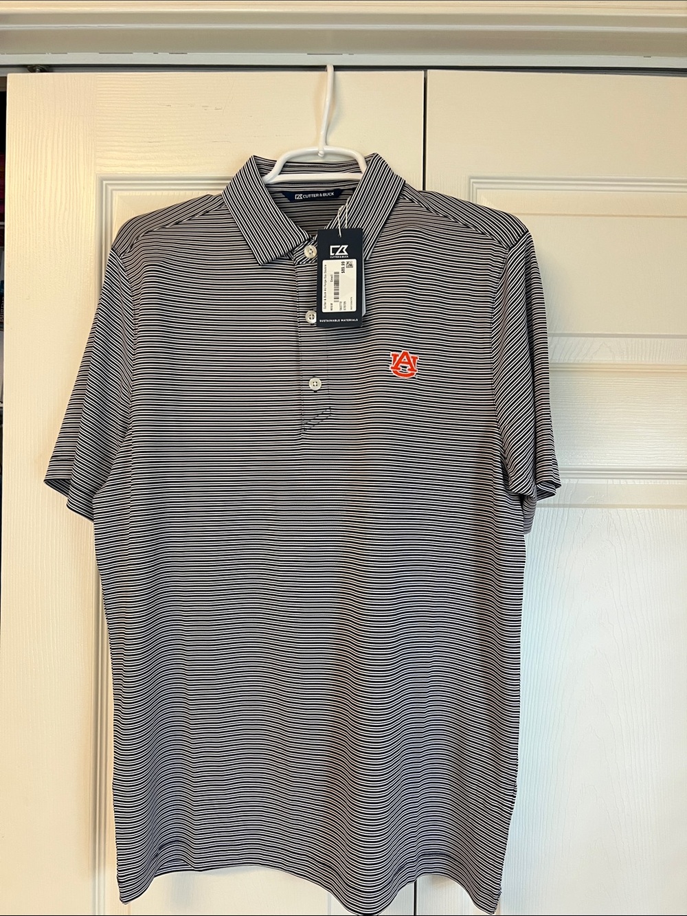 Cutter & Buck Auburn Logo Striped Polo - Navy, White, Orange